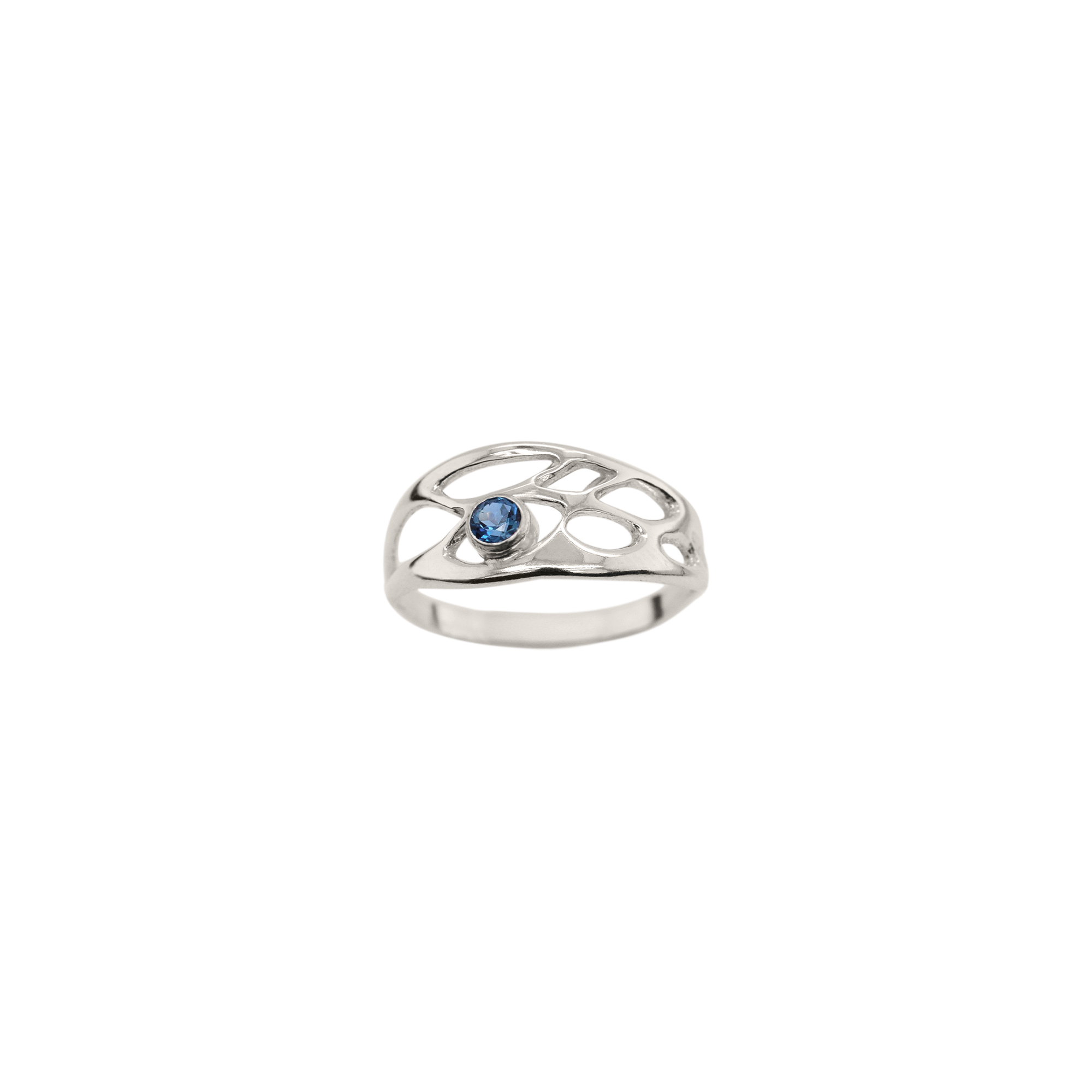 dainty silver botanical ring with birthstone on white background