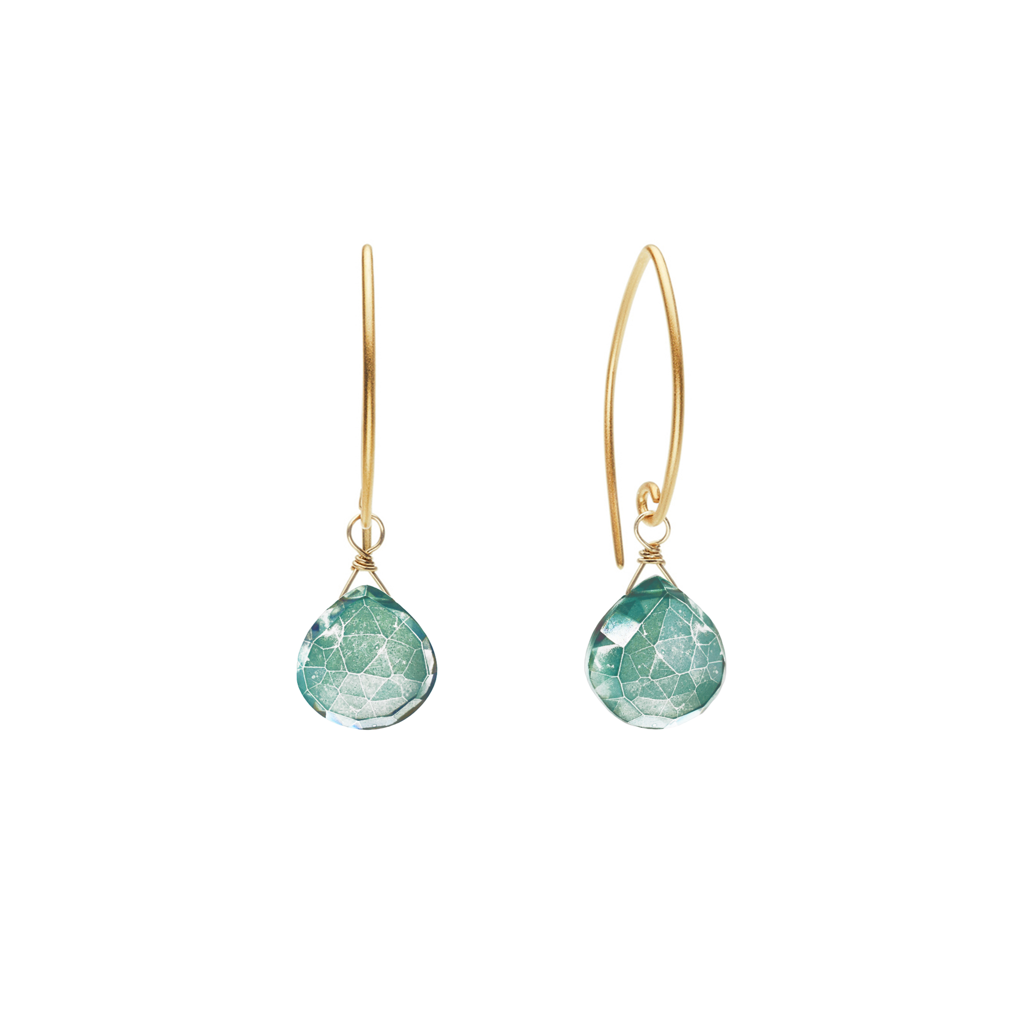 Image of gold dangle earrings with green mystic quartz gemstone on white background