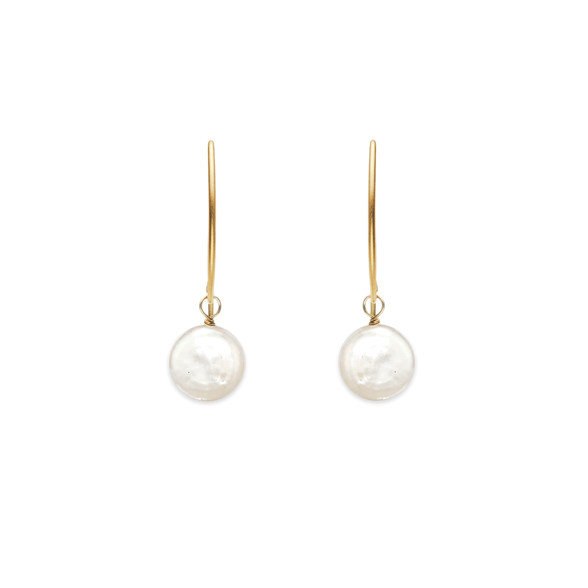 Image of gold dangle earrings with white coin pearl on white background