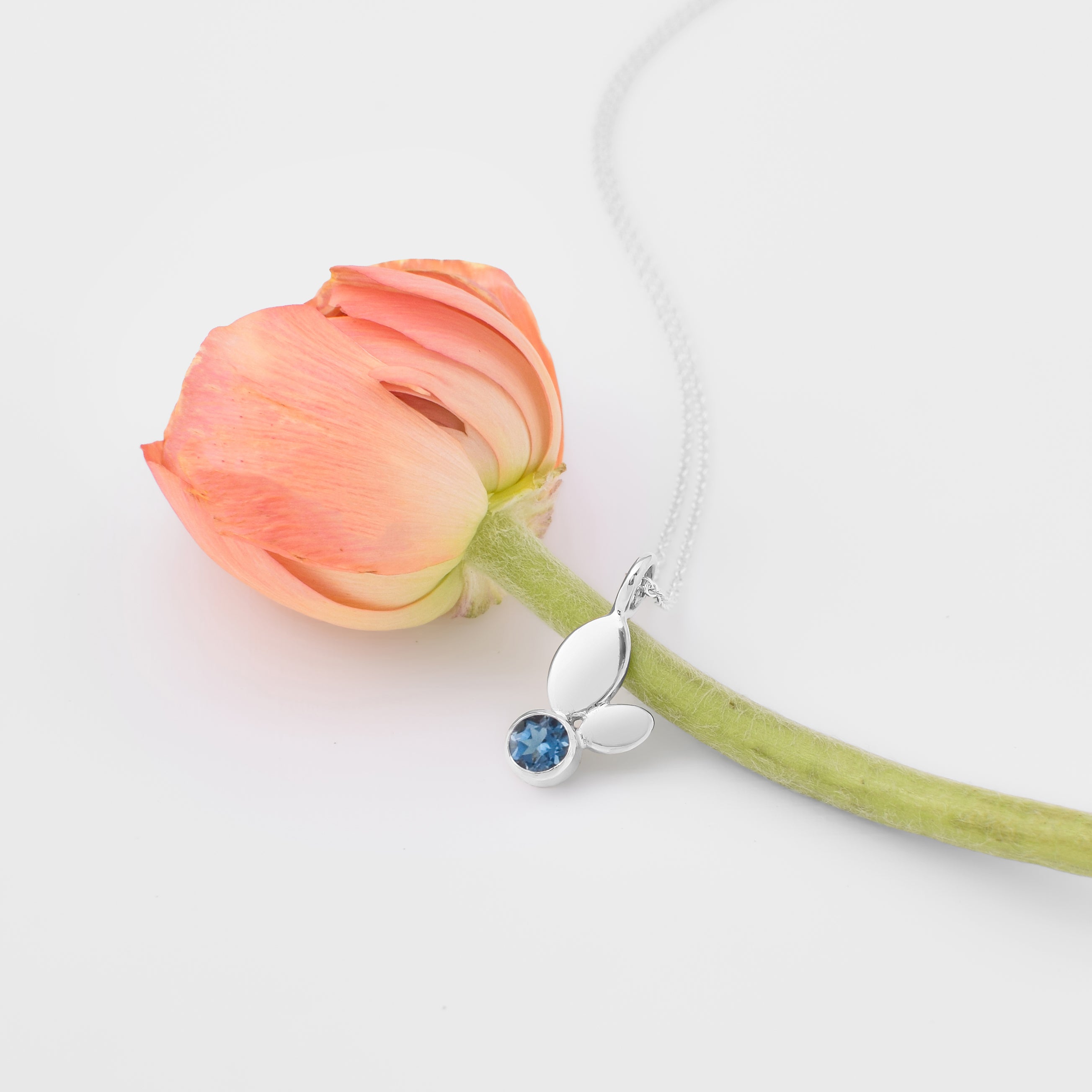 Silver Bud Leaf and Gemstone Necklace