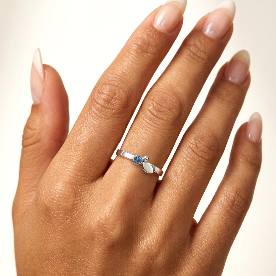 Silver Leaf and Ball Ring with Gemstone