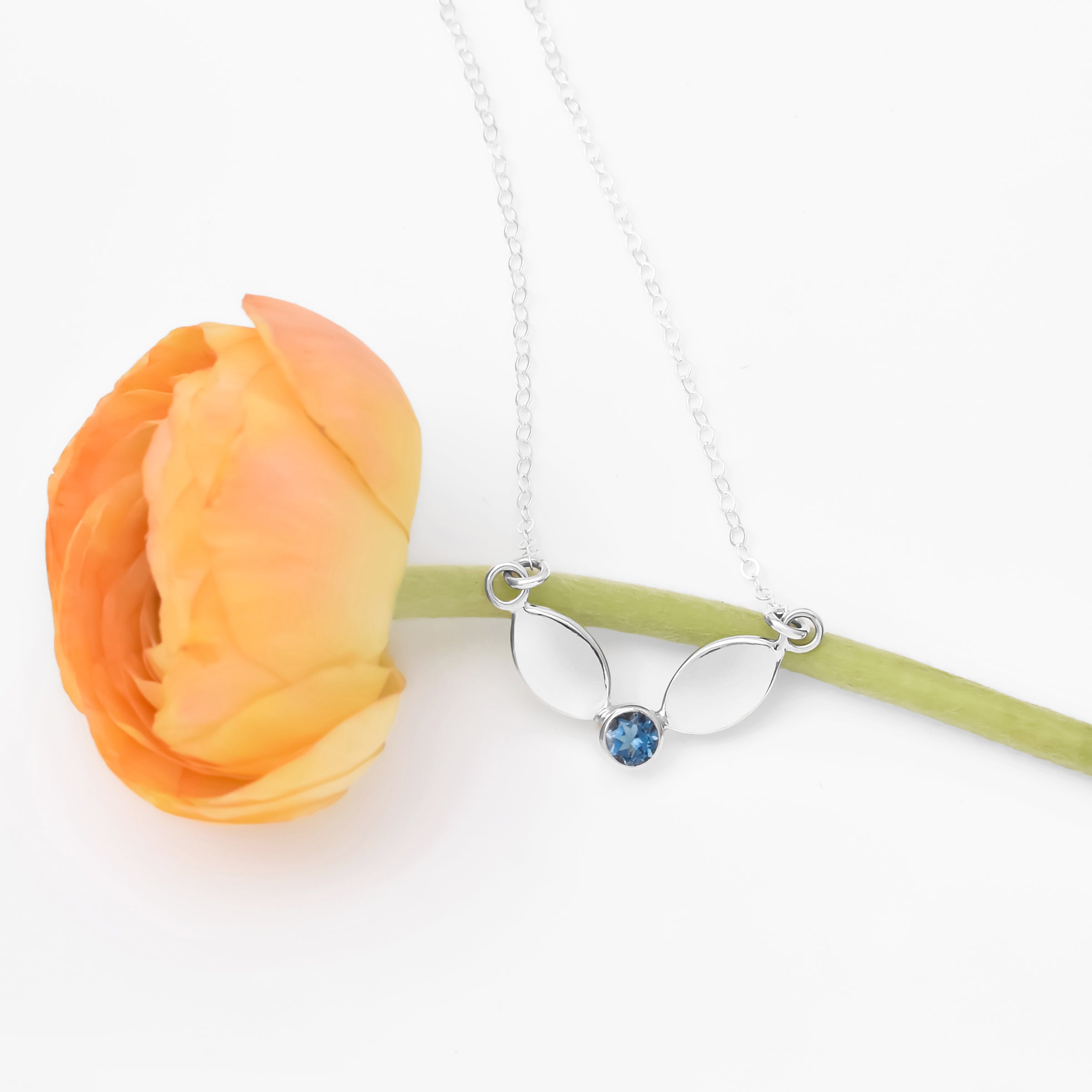 Silver Double Leaf and Gemstone Necklace