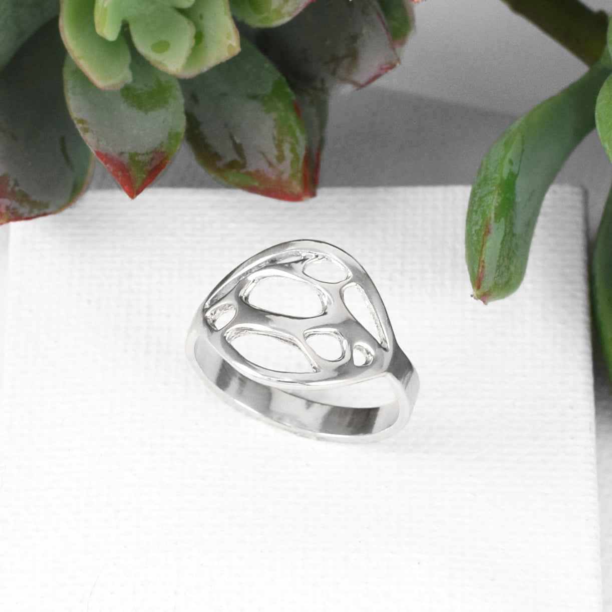 silver oval botanical signet ring on white background