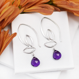 Ella Silver Small Leaf Hook Earrings with Gemstones