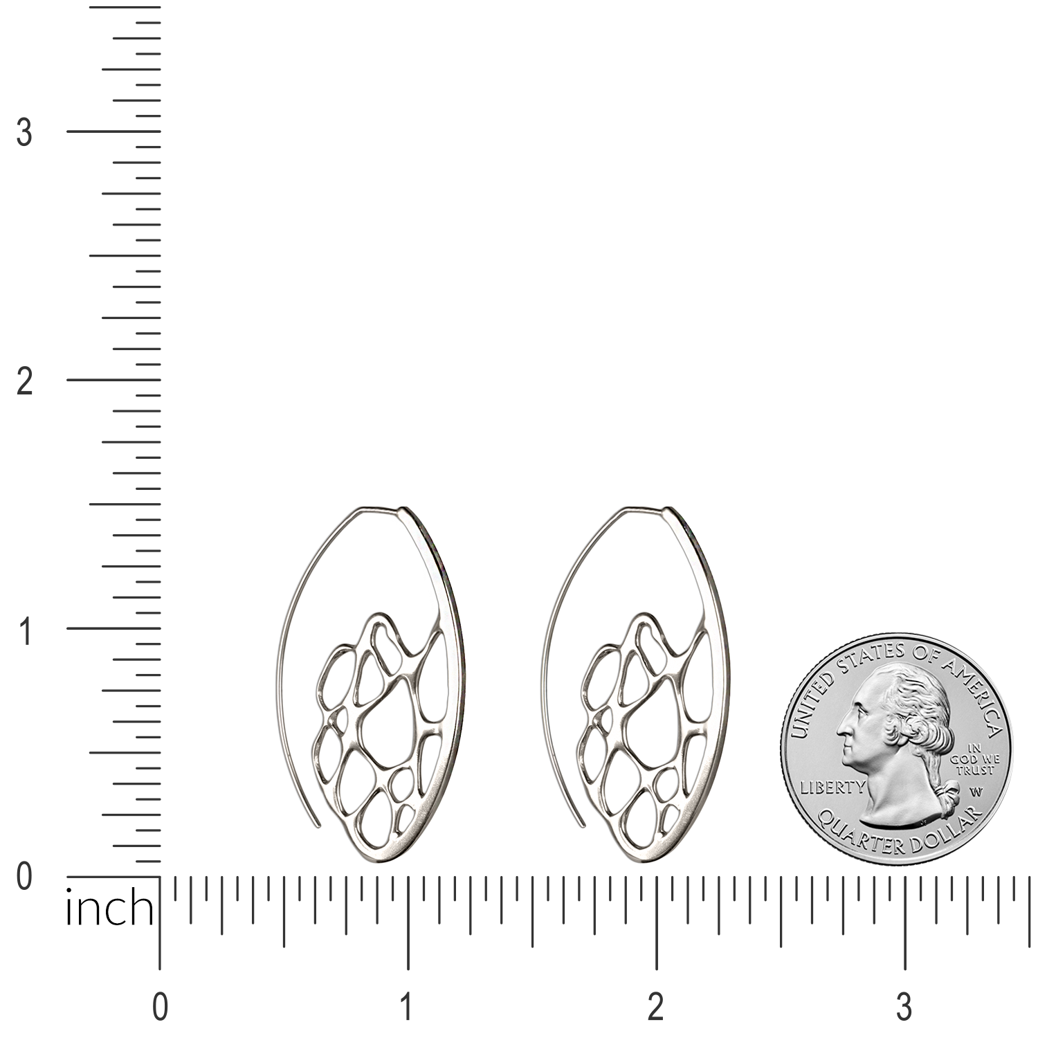 Image of silver cactus hoop earrings with ruler and quarter for size comparison.