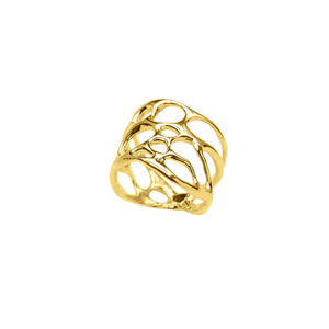 gold wide band organic ring on white background