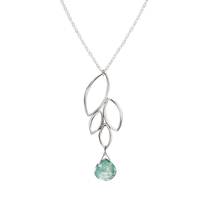 Image of a silver four leaf dangle necklace with green mystic quartz gemstone on white background