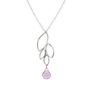 Image of a silver four leaf dangle necklace with pink amethyst gemstone on white background
