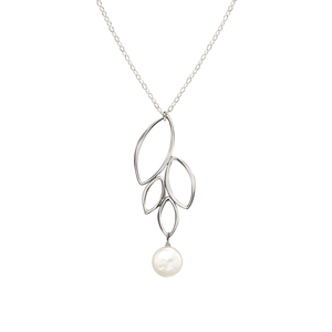 Image of a silver four leaf dangle necklace with white coin pearl on white background