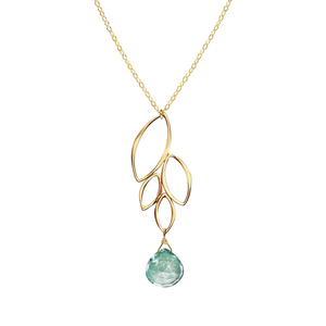 Image of a gold four leaf dangle necklace with green mystic quartz gemstone on white background