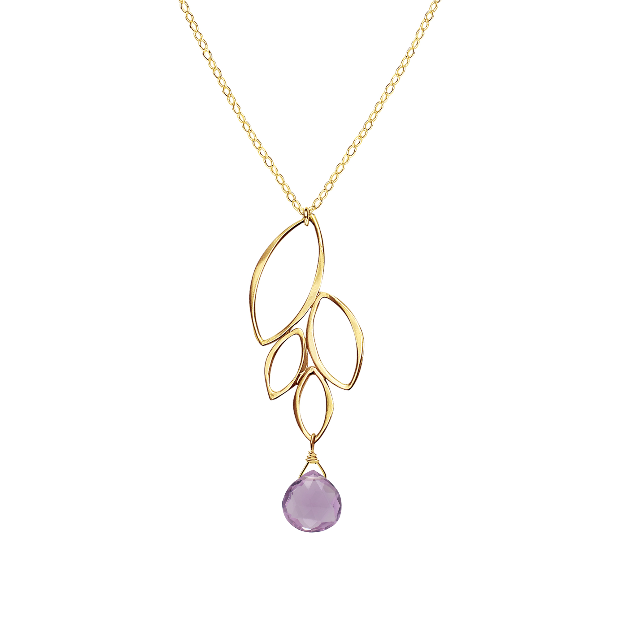 Image of a gold four leaf dangle necklace with pink purple amethyst gemstone on white background