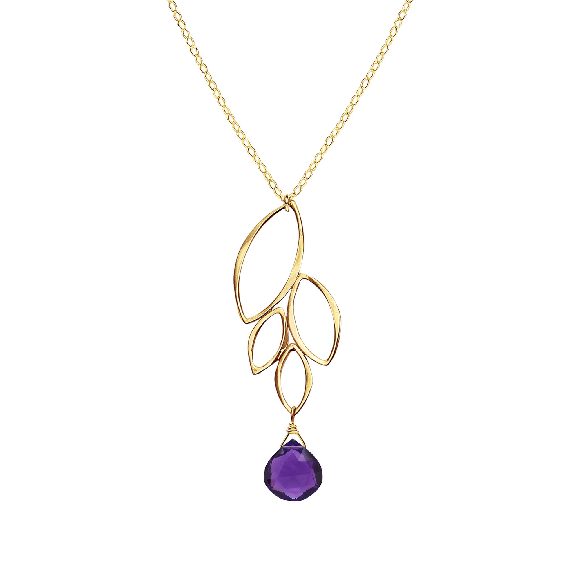 Image of a gold four leaf dangle necklace with dark purple amethyst gemstone on white background