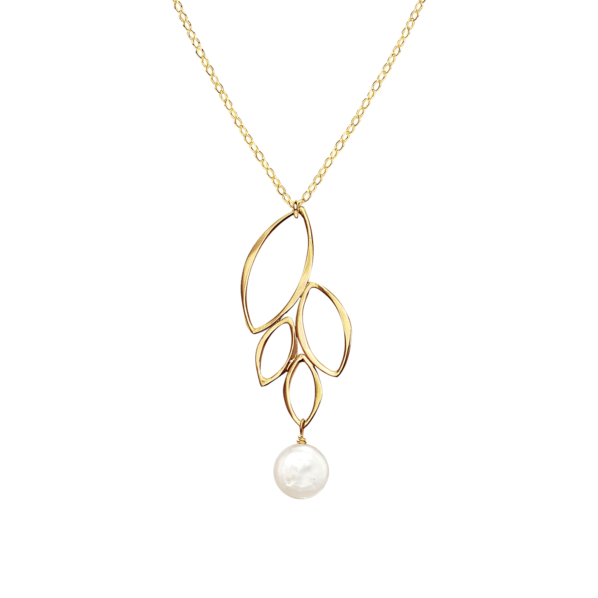 Image of a gold four leaf dangle necklace with white coin pearl on white background