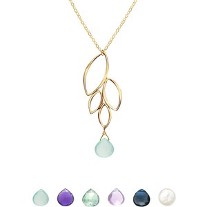 Image of a gold four leaf dangle necklace with chalcedony gemstone on white background, and six gemstone options at bottom of image