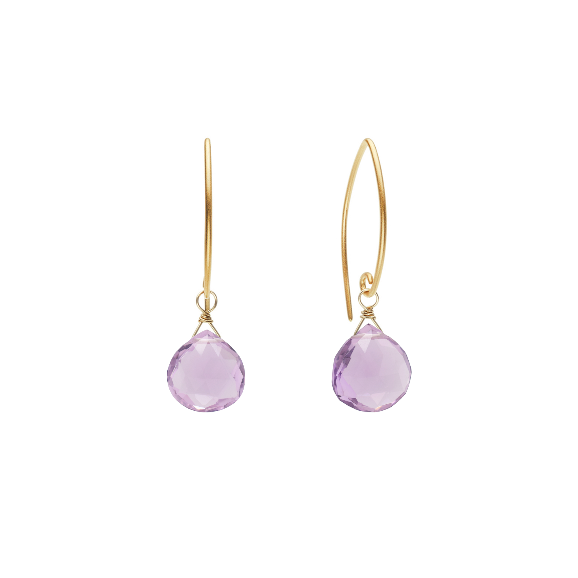 Image of gold dangle earrings with pink amethyst gemstone on white background