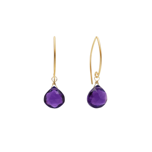 Image of gold dangle earrings with dark purple amethyst gemstone on white background