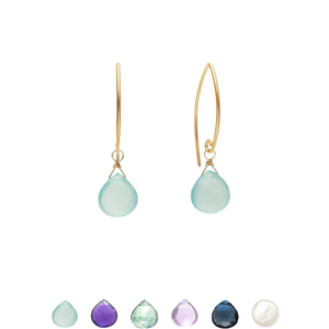 Image of gold dangle earrings with aqua chalcedony gemstone on white background with other gemstone options at bottom of image