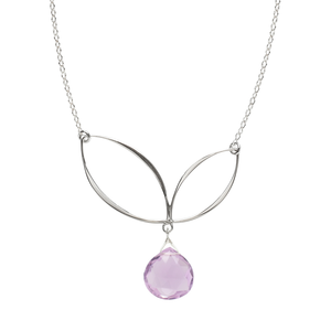 This image is of a sterling silver bud necklace with pink amethyst gemstone on white background.