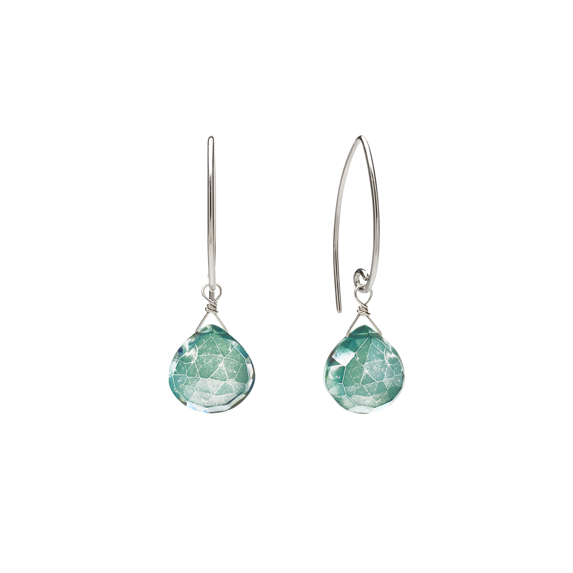 Image of silver dangle earrings with green quartz gemstone on white background