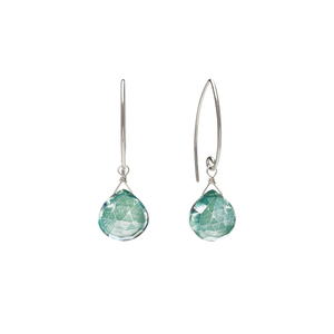 Image of silver dangle earrings with green quartz gemstone on white background