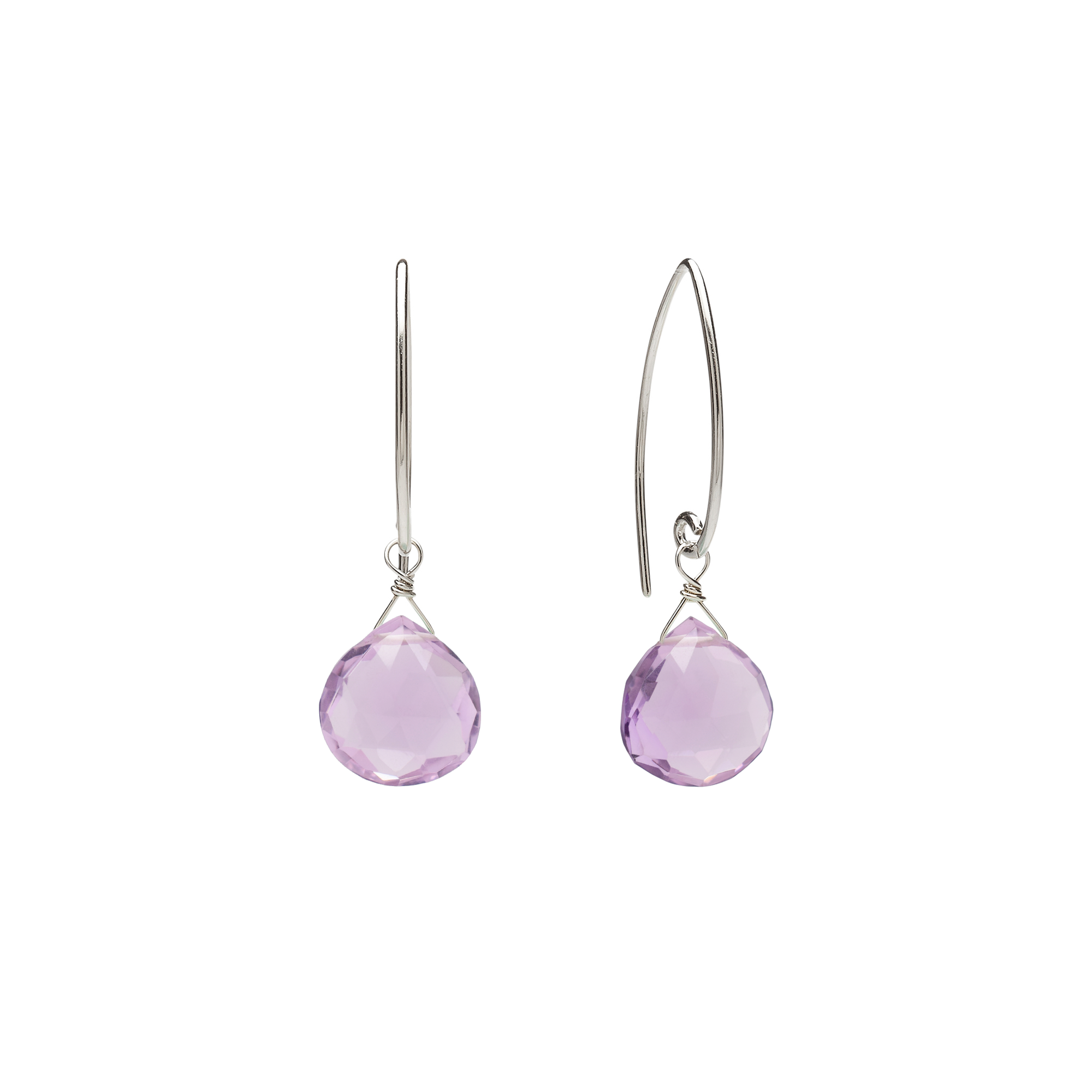 Image of silver dangle earrings with pink amethyst gemstone on white background