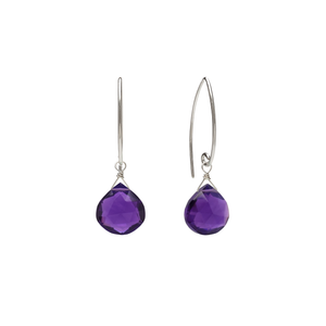 Image of silver dangle earrings with dark purple amethyst gemstone on white background