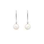 Image of silver dangle earrings with iridescent white flat coin pearl on white background