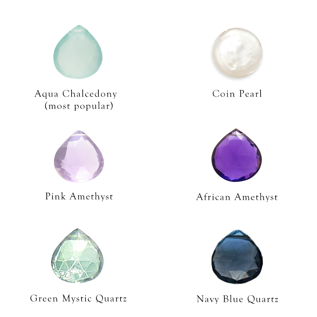 Image of six gemstone choices for jewelry on white background