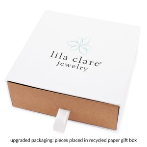 Image of white jewelry box with printed Lila Clare Jewelry logo on white background