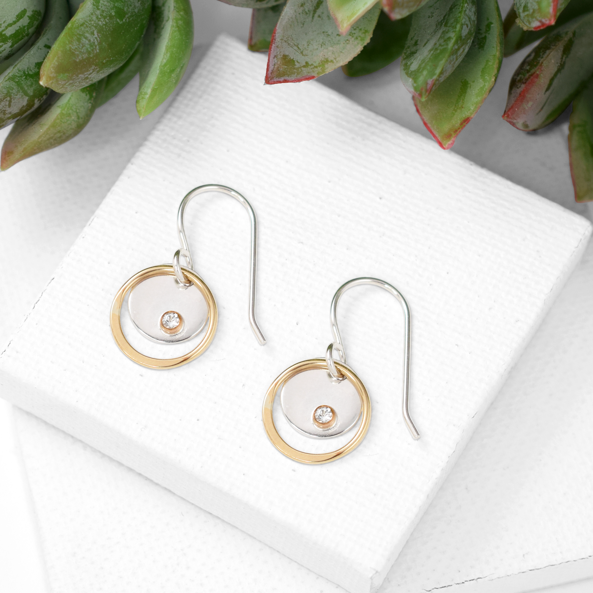 Celena Small Silver Disc & Gold Circle Earrings with Gemstones