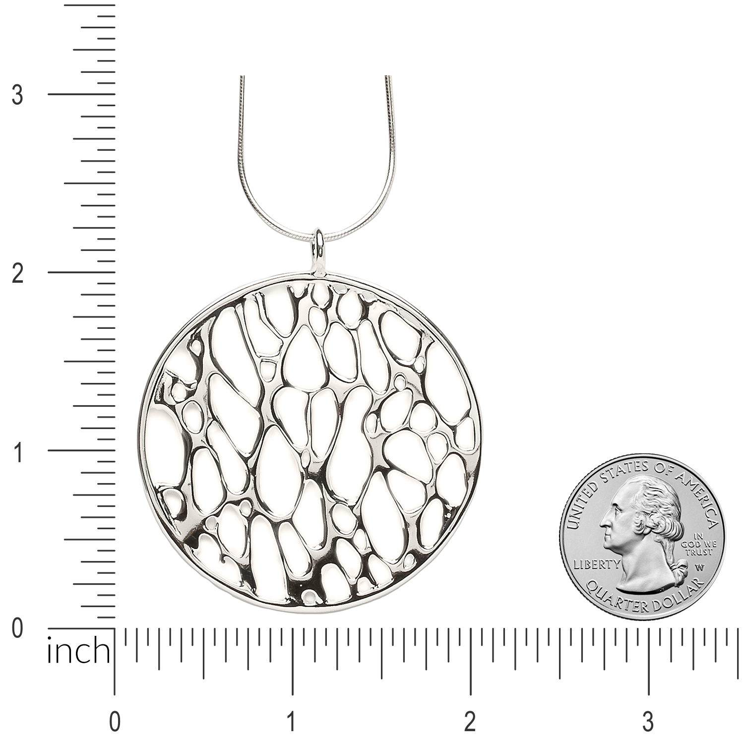 Image of large framed circle prickly pear pendant with ruler and quarter for size comparison.