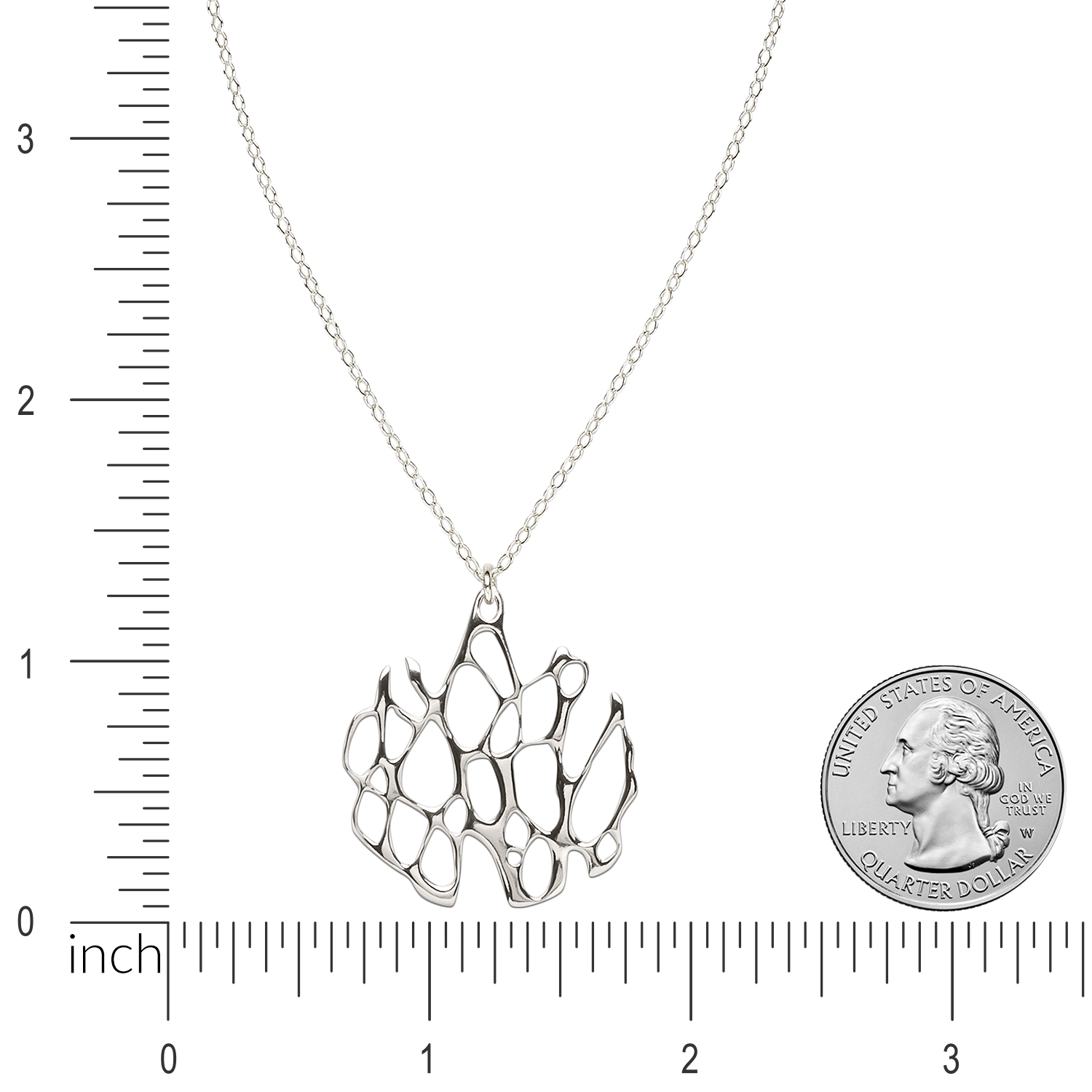 organic circle cactus silver necklace on white background with ruler for size