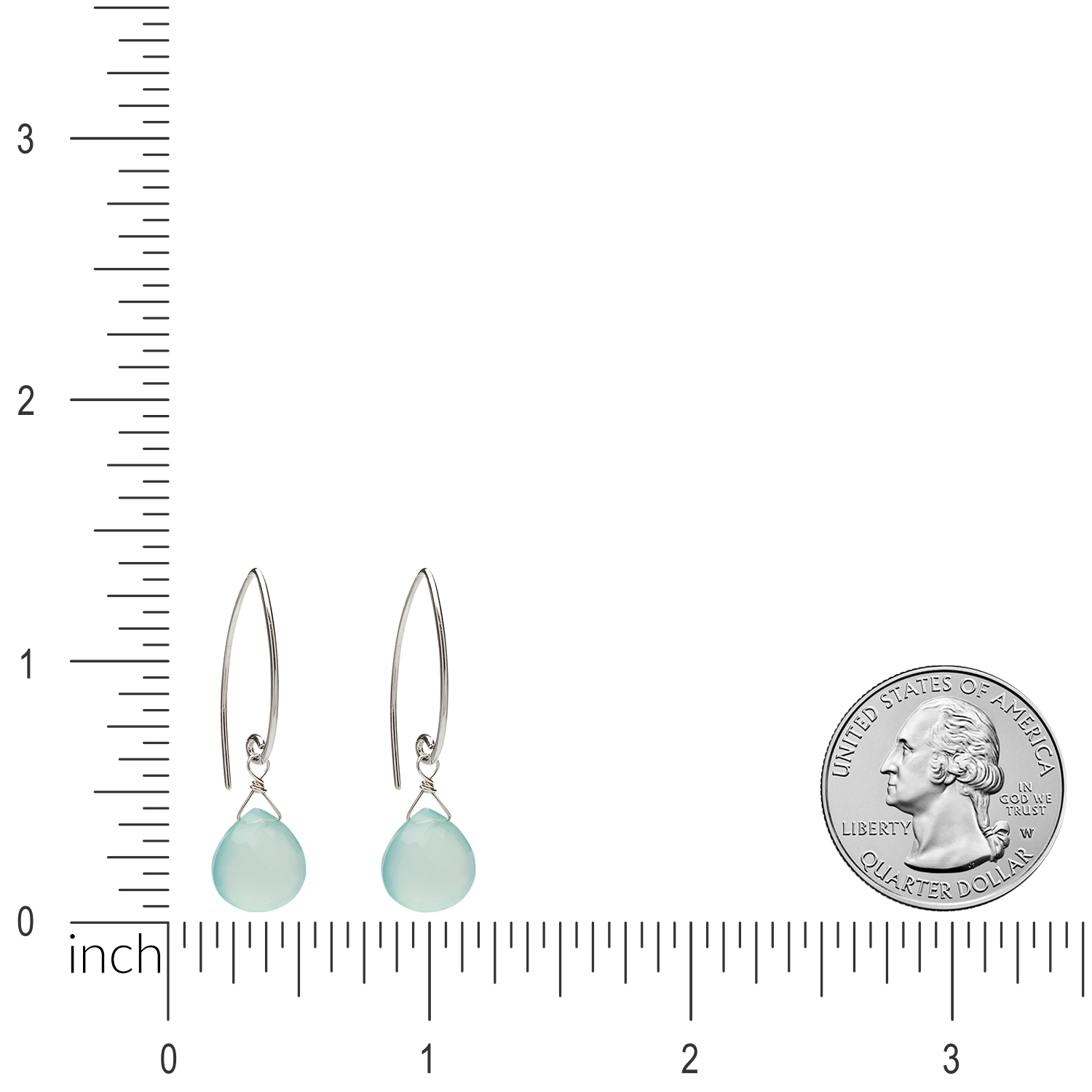 Image of silver and gemstone dangle earrings with ruler and quarter for size comparison